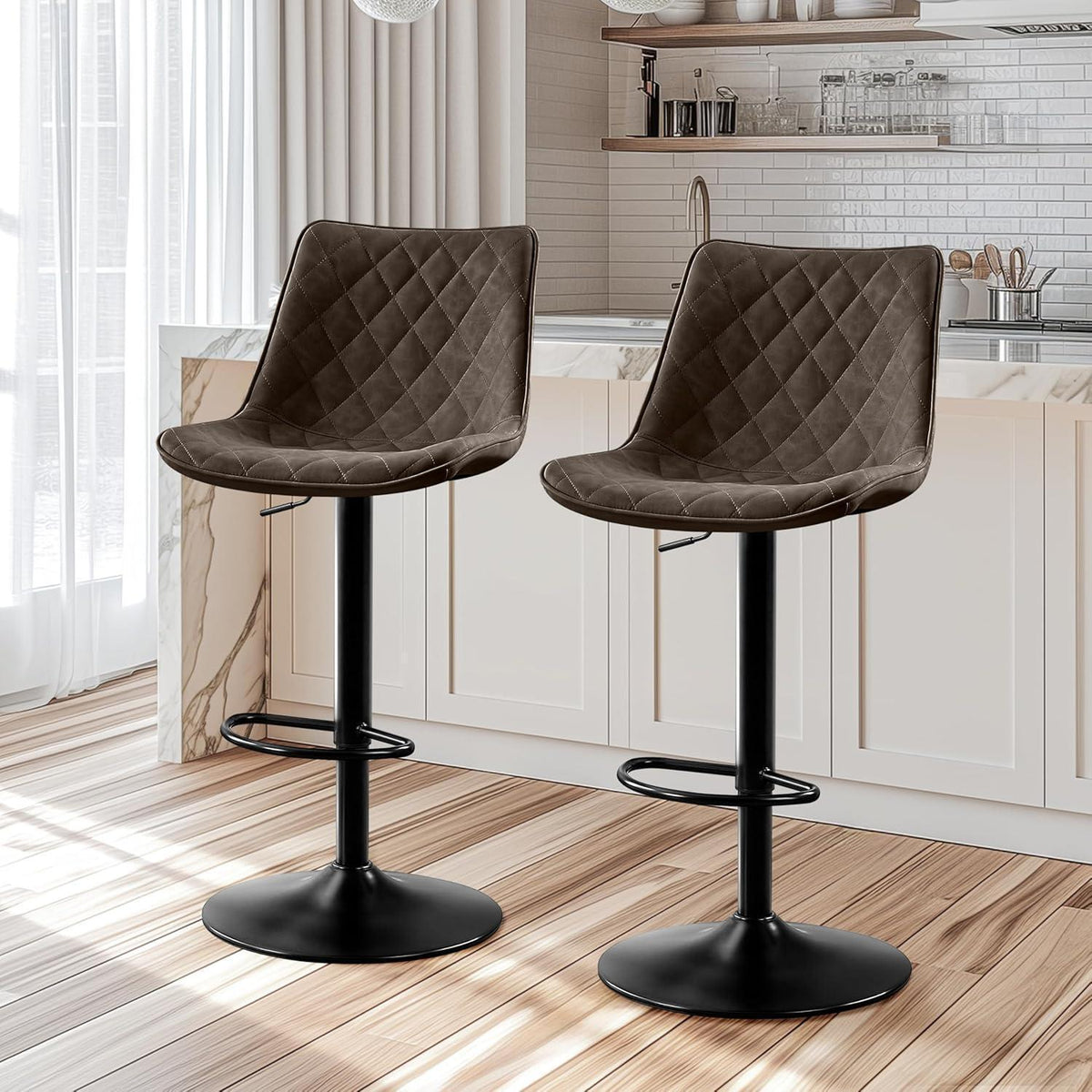 Verstellbarer Barhocker Set Braun – Mikrofaserleder & Lehne