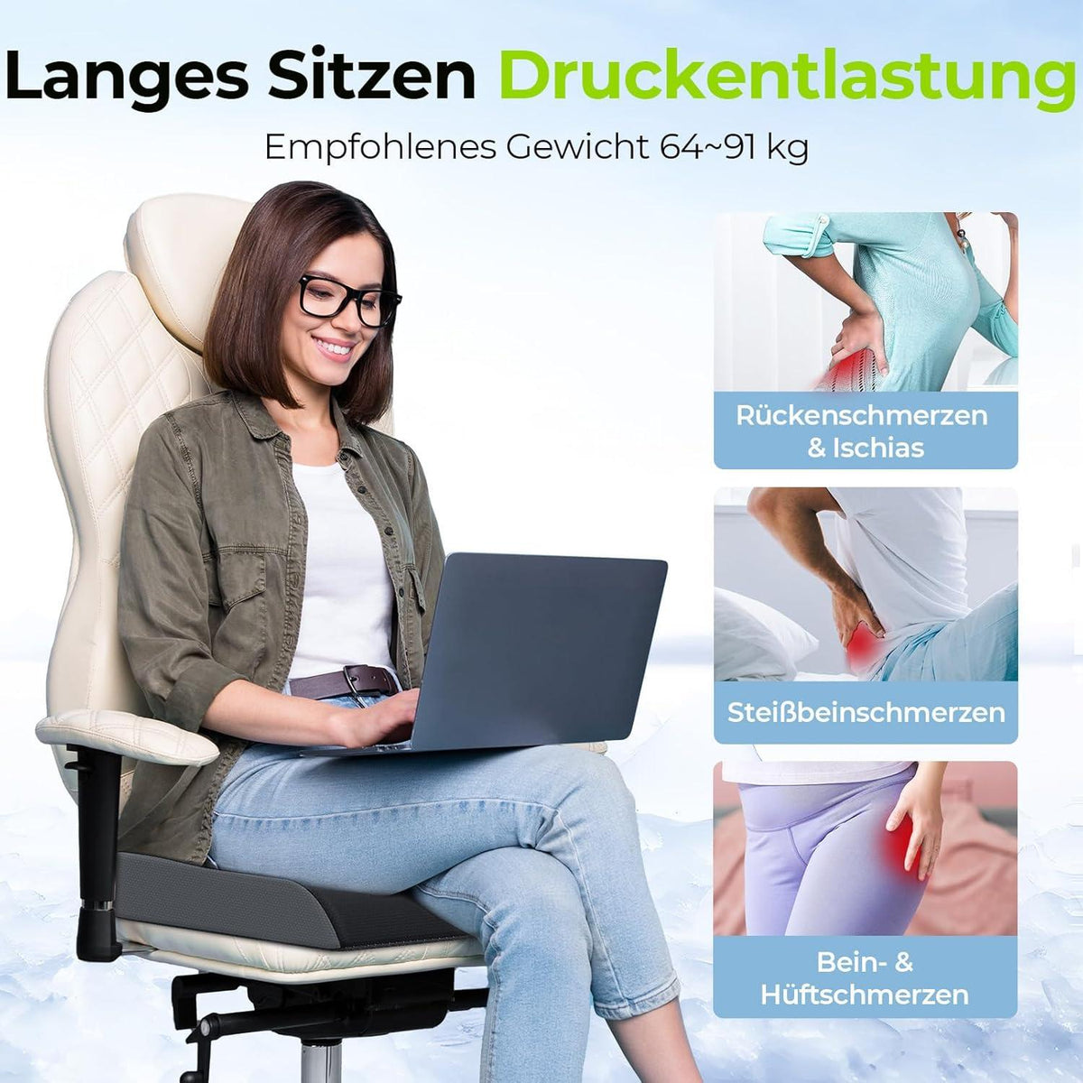 Gel Sitzkissen Memory-Schaum Rutschfest XL-Kissen für Bürostühle
