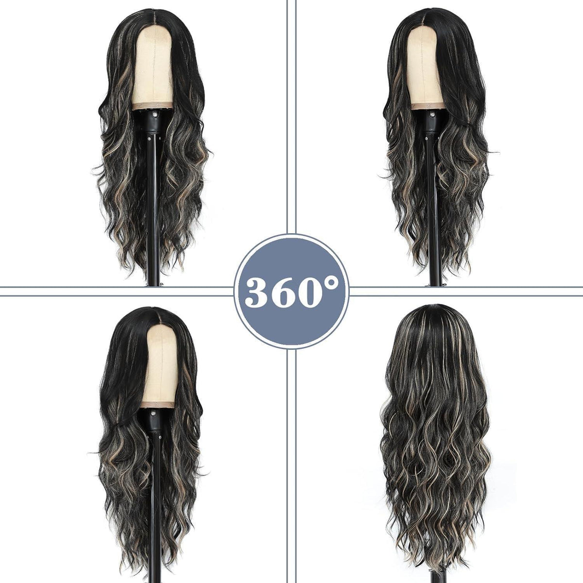 Lange Wellige Perücke Schwarz Blond Highlights 66cm