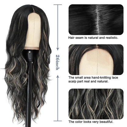 Lange Wellige Perücke Schwarz Blond Highlights 66cm
