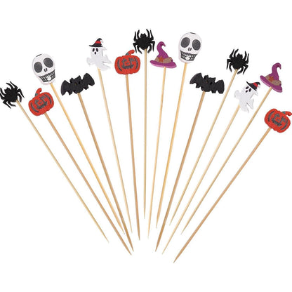 Halloween Cocktailspieße 100 Stück Holzspieße mit Halloween Motiven 12cm