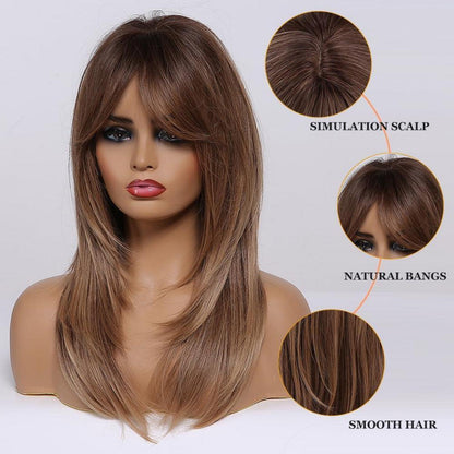 Lange Gerade Braun-Blond Perücke mit Pony – Synthetisch & Vielseitig