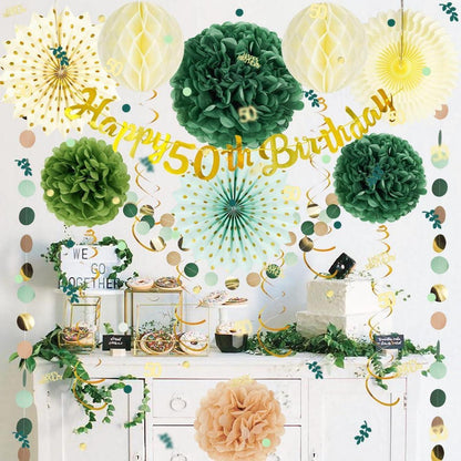 50. Geburtstag Deko Set | Grün Gold | Party Deko mit Pompons Wabenbälle Girlande Konfetti