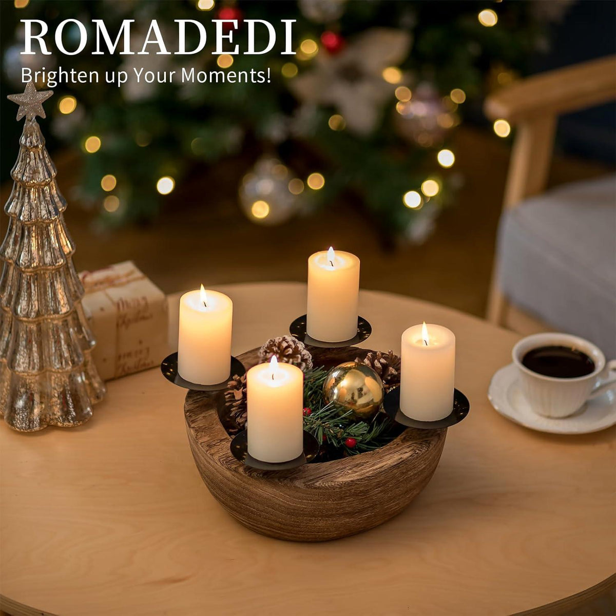 Adventskranz Holz 4 Kerzenhalter Rund Holzschale Stumpenkerzen 25cm