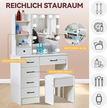 Schminktisch mit Beleuchtung und Spiegel, weiß, 6 Schubladen