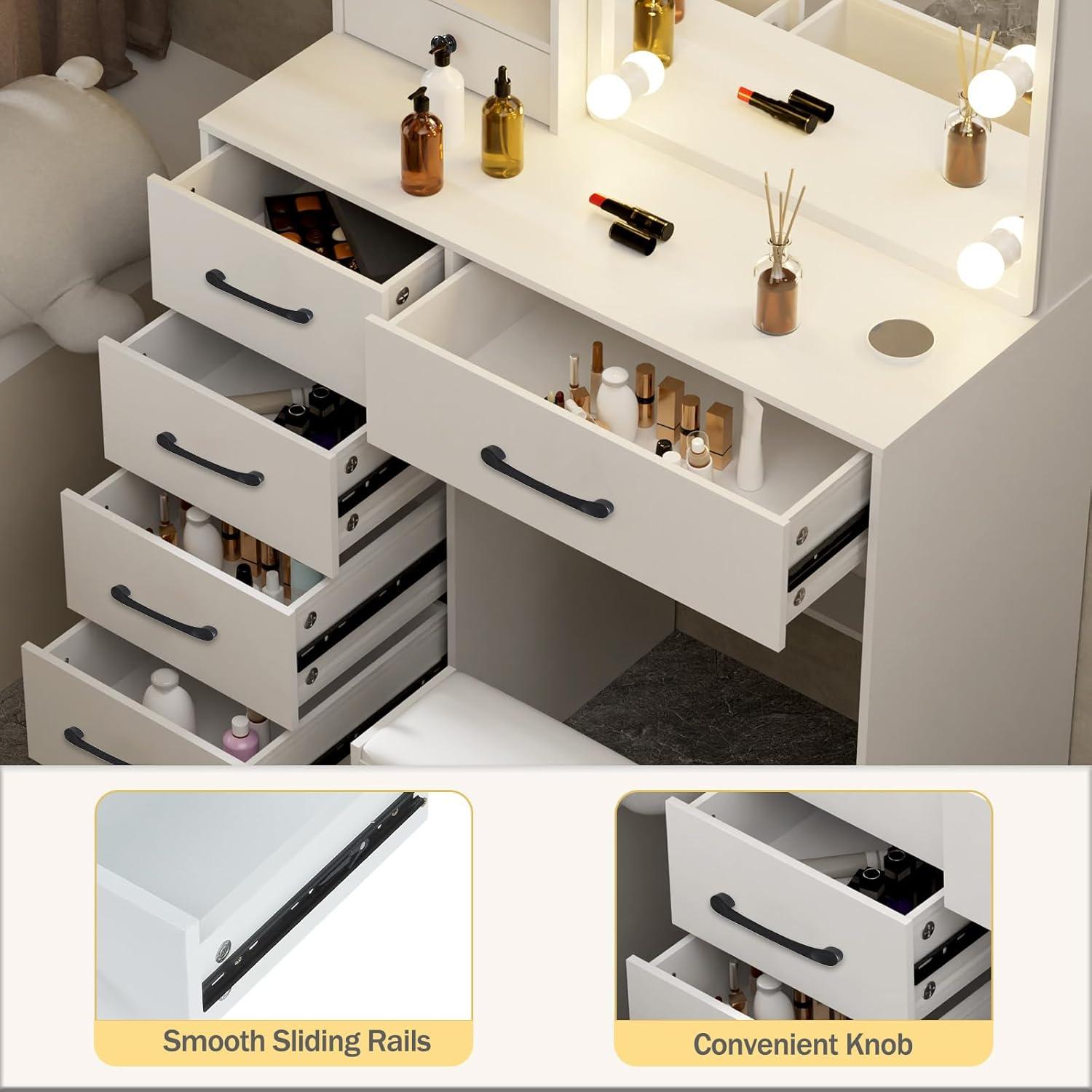Schminktisch mit LED-Beleuchtung und Spiegel, weiß, 6 Schubladen 80x130x36 cm