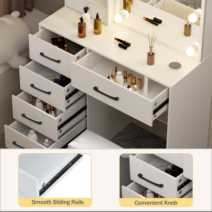 Schminktisch mit LED-Beleuchtung und Spiegel, weiß, 6 Schubladen 80x130x36 cm