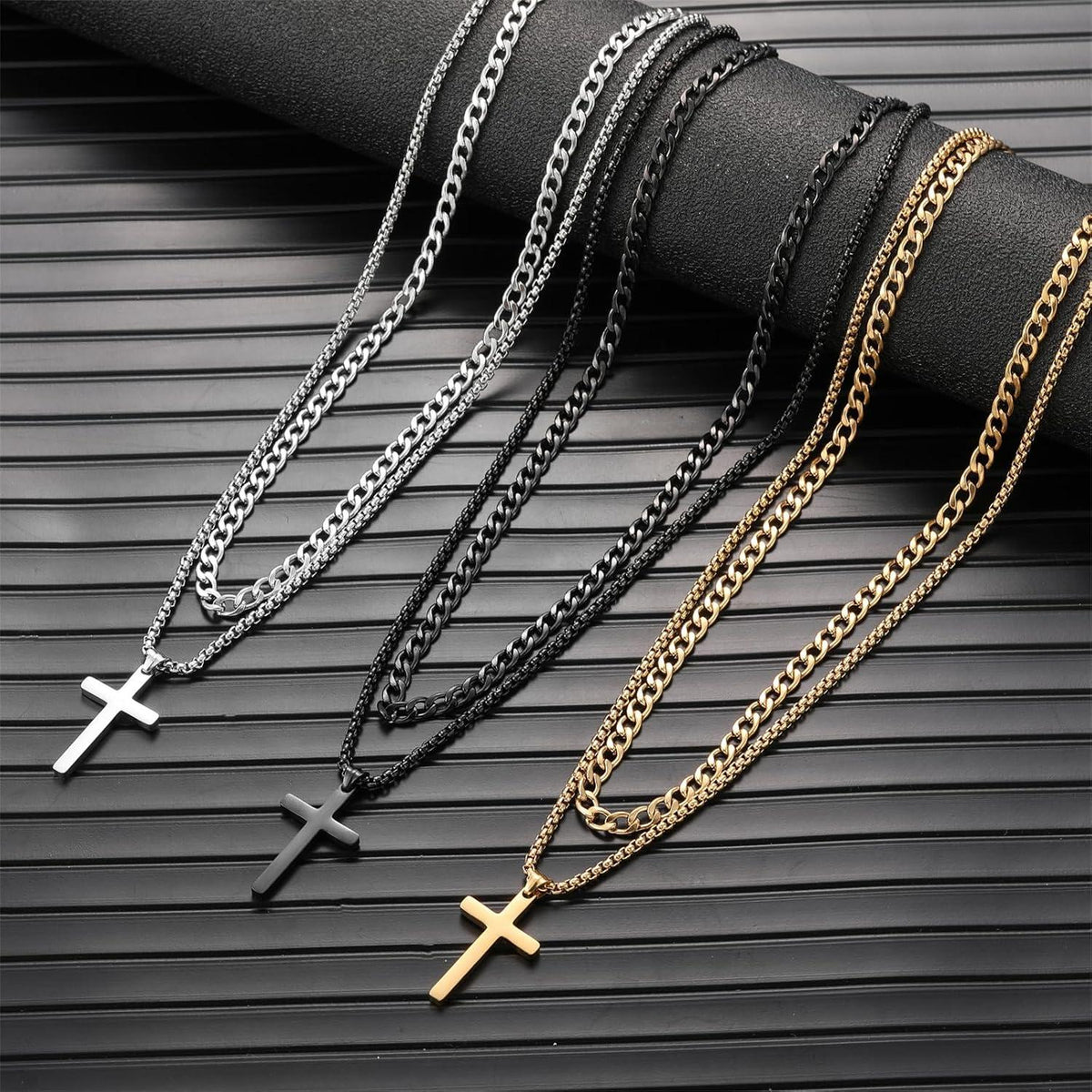 Kreuzkette Herren Edelstahl Silber/Gold/Schwarz Layered Kubanische