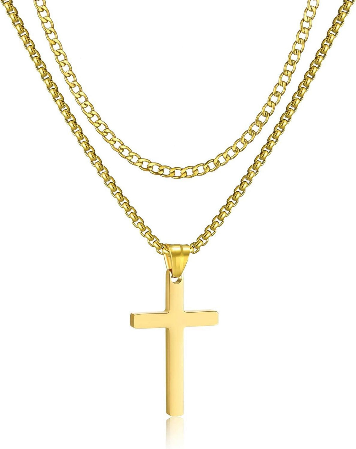 Edelstahl Kreuz Halskette Silber/Gold/Schwarz Layered Kubanische Kette