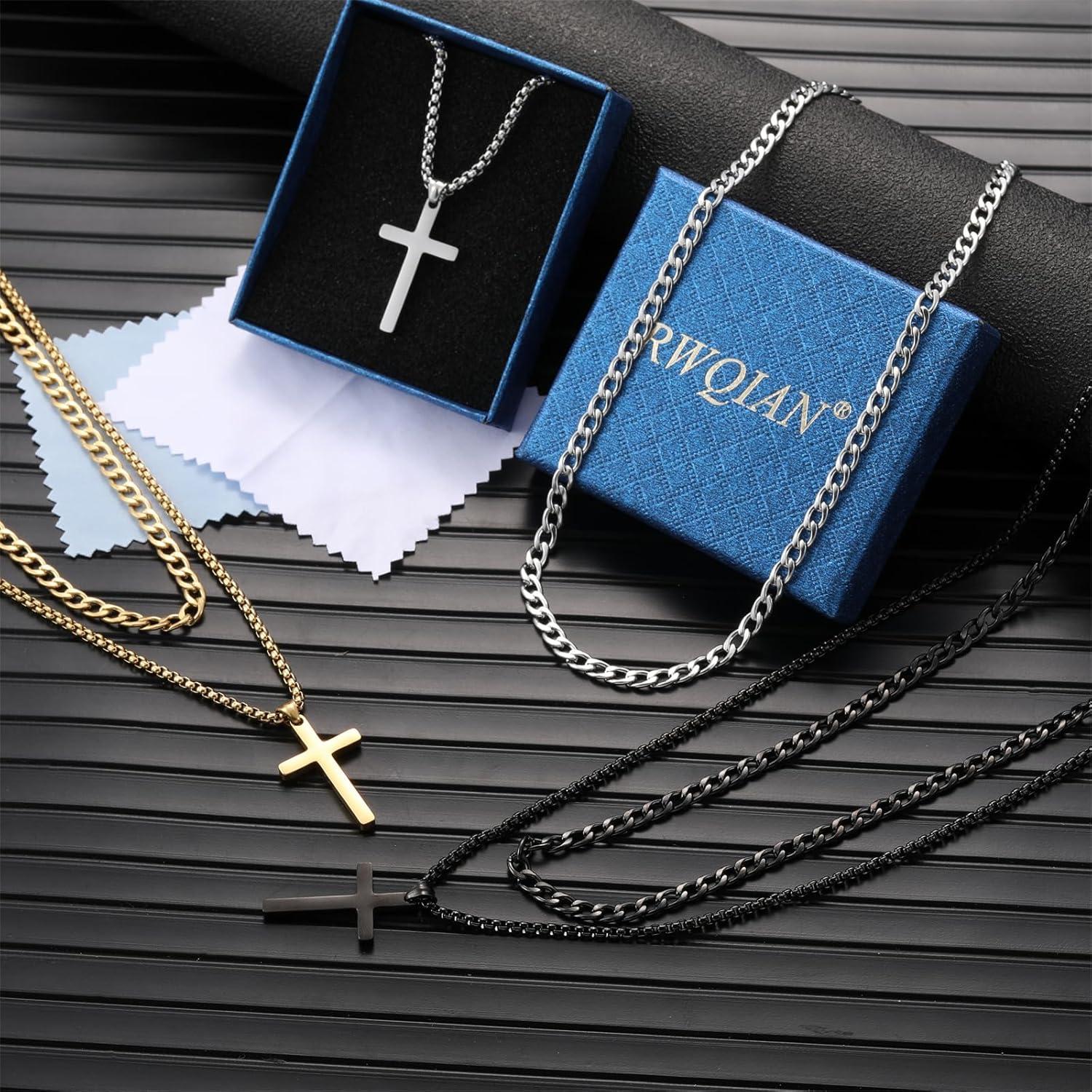 Herren Kreuzkette Edelstahl Layered Kubanische Halskette Silber/Gold/Schwarz