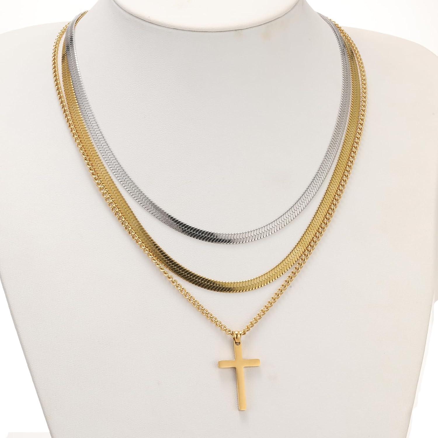 Kreuz Kette Herren Edelstahl Silber Gold Schwarz Layered Flache