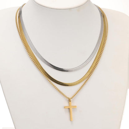 Kreuz Kette Herren Edelstahl Silber Gold Schwarz Layered Flache