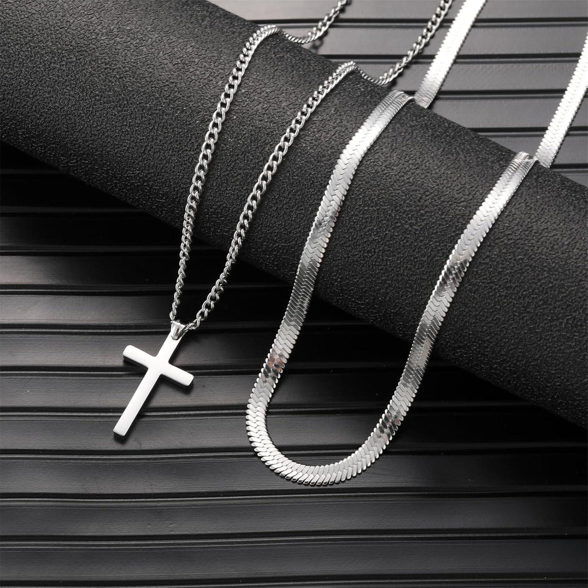 Herren Kreuz Kette Edelstahl Silber/Gold/Schwarz Layered 55cm Set