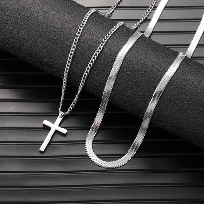 Herren Kreuz Kette Edelstahl Silber/Gold/Schwarz Layered 55cm Set
