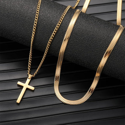 Herren Kreuzkette Edelstahl Silber/Gold/Schwarz Layered Schlangenkette 55cm