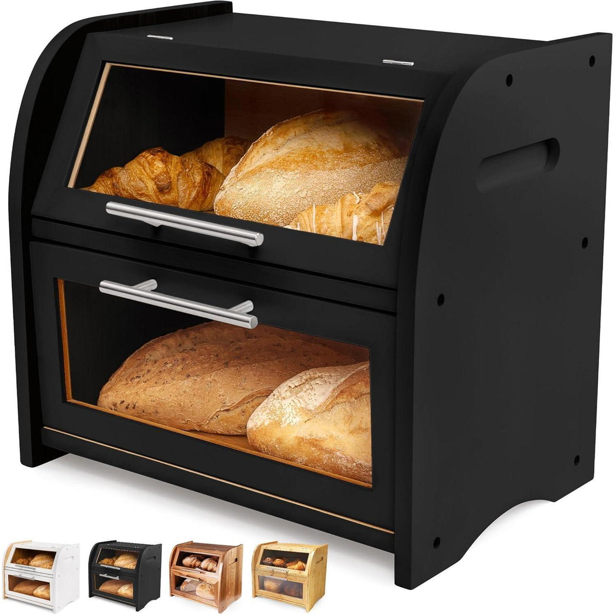 Brotkasten Akazie mit 2 Regalen und Sichtfenster, Schwarz