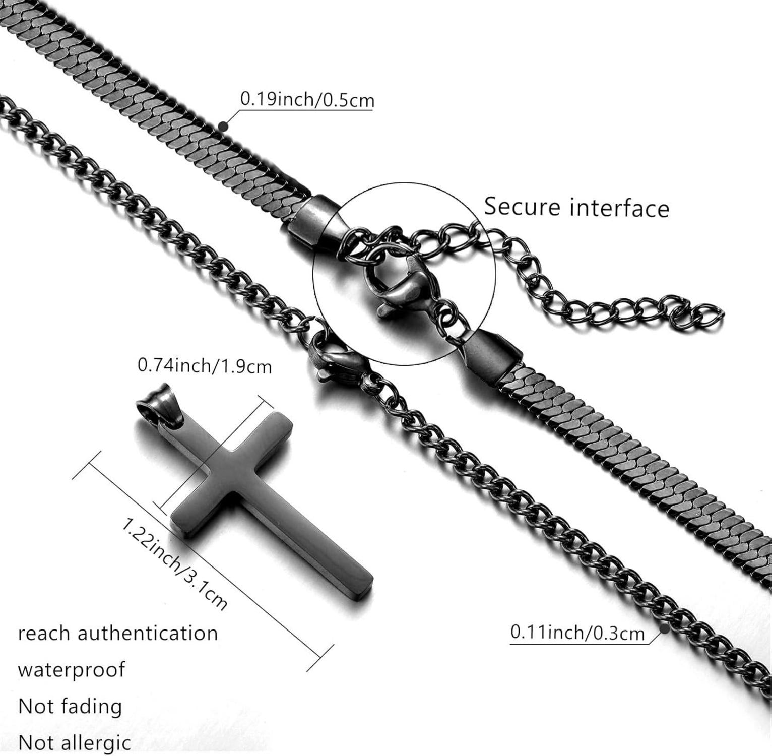 Herren Edelstahl Kreuz Kette Layered Silber/Schwarz 22 Zoll