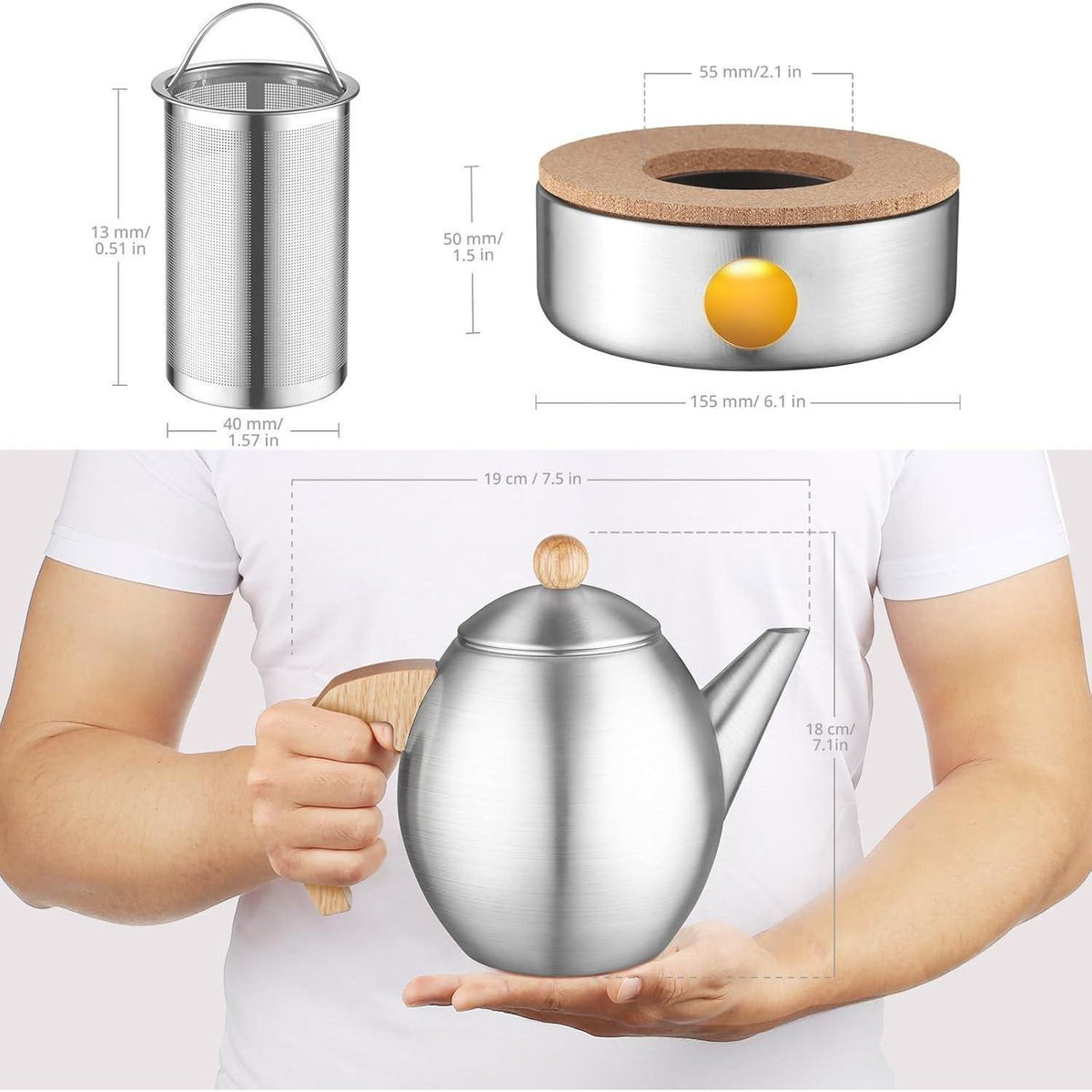 Edelstahl Teekanne 1200ml mit Stövchen & Sieb