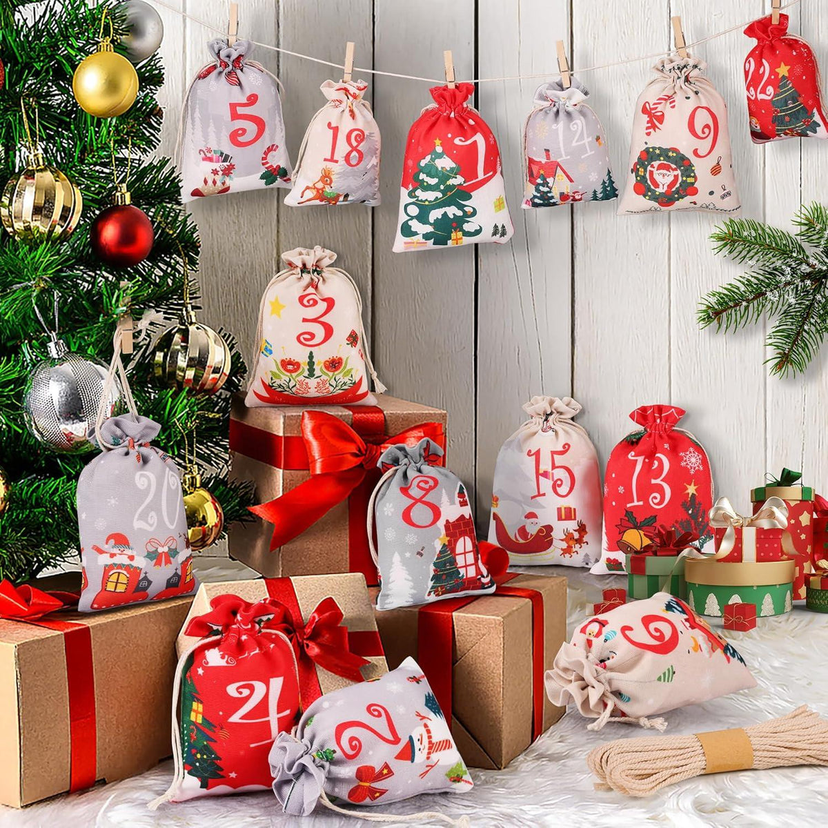 Adventskalender 2024 DIY Set 24 Stoffbeutel Holzklammern Hanfseil Rot
