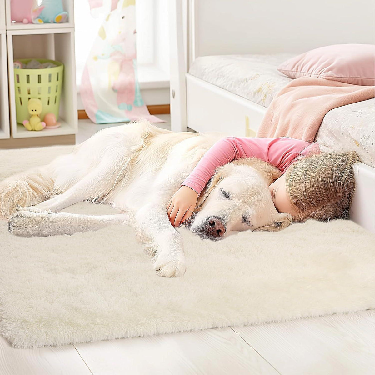 Hochflor Teppich Creme 275x370 – Flauschiger Wohnzimmerteppich Anti-Rutsch