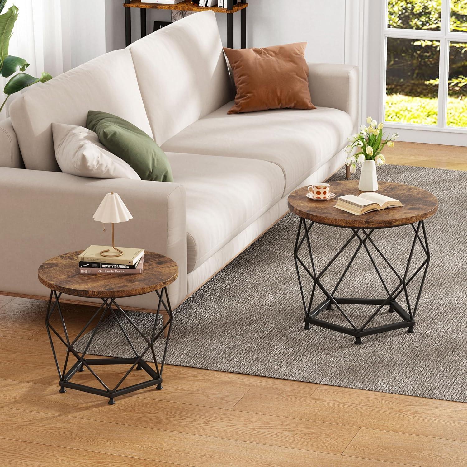 Runde Couchtische Set für Wohnzimmer und Schlafzimmer, rustikales Design