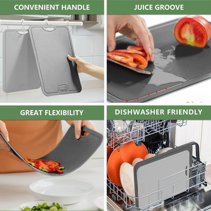 Flexibles Schneidebrett-Set TPU, BPA-frei, mit Saftrille (Grau M+S)