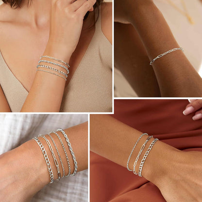 Damen Armband Gold 14 Karat Vergoldet Edelstahl Verstellbare Armband Set 5 Stück Perlen Ketten Figaro Silber