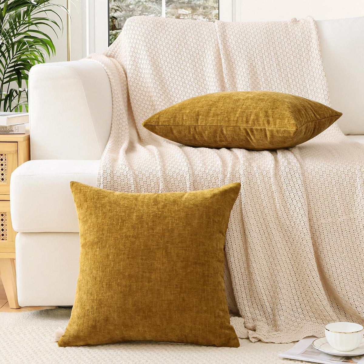 2er Set Chenille Kissenbezüge Goldgelb 30x50 cm