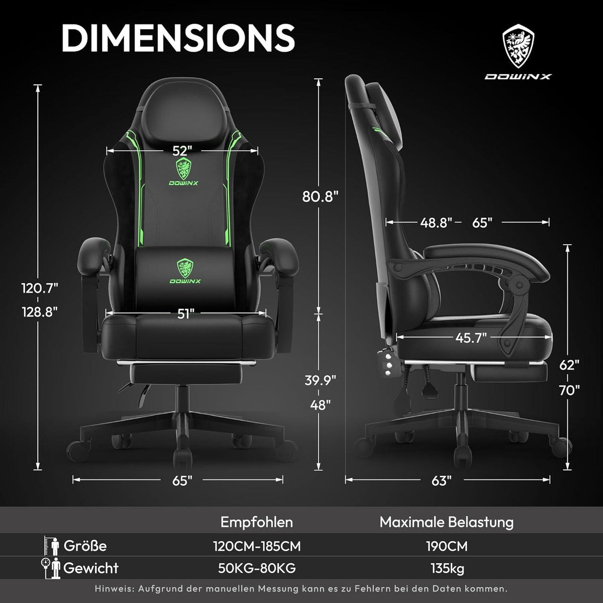 Ergonomischer Gaming Stuhl mit Lendenwirbelstütze und Fußstütze, Grün