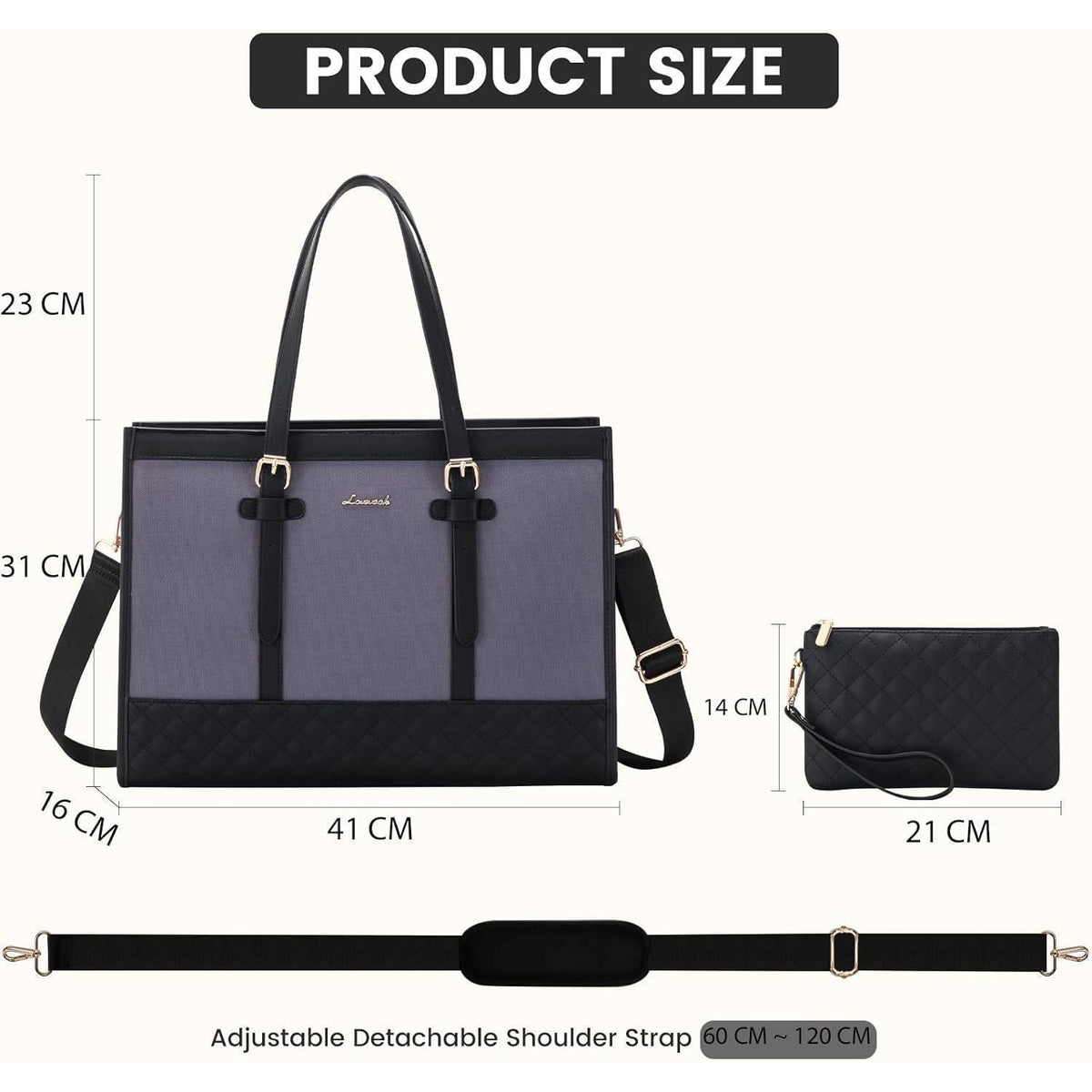 Laptoptasche Damen Leder Canvas 15,6 Zoll Arbeitstasche Grau Schwarz