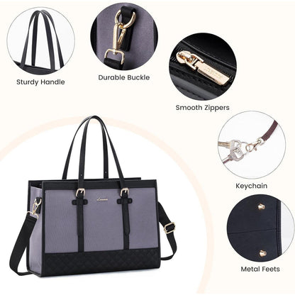 Laptoptasche Damen Leder Canvas 15,6 Zoll Arbeitstasche Grau Schwarz