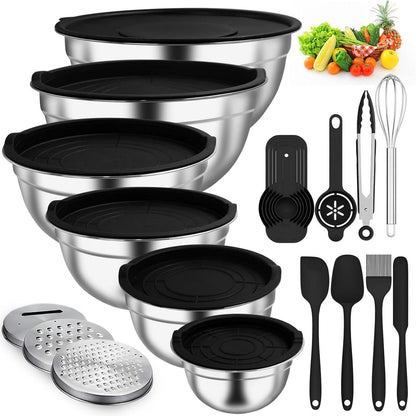 Edelstahl Salatschüssel Set mit Silikonböden und Deckel