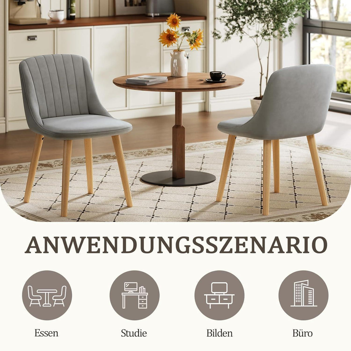 Samt Esszimmerstühle 4er Set – Hellgrau, Polsterstuhl mit Holzbeinen