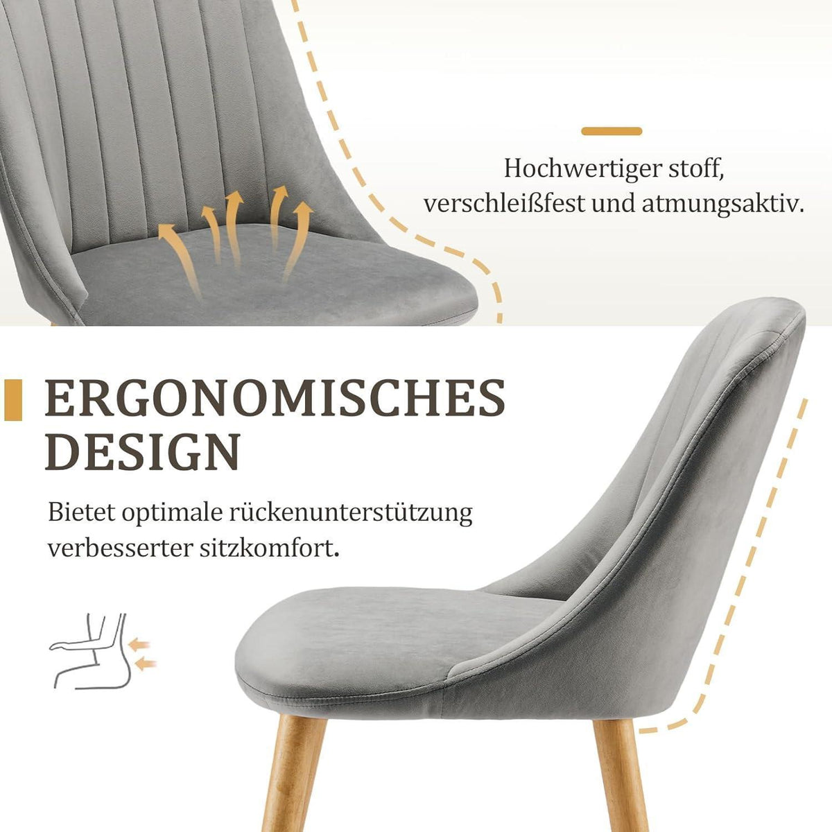 Samt Esszimmerstühle 4er Set – Hellgrau, Polsterstuhl mit Holzbeinen