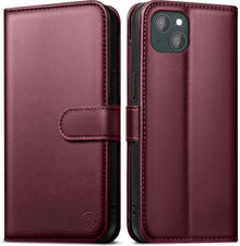 EASDNB iPhone 14 Handyhülle Weinrot RFID Schutz Glas Kartenfächer