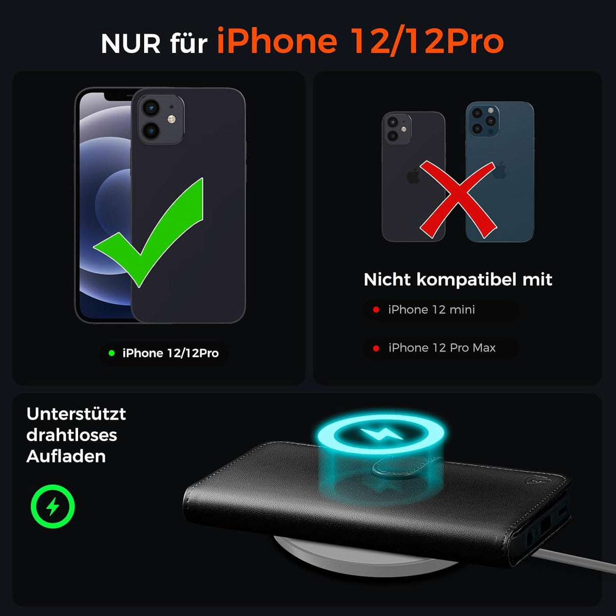 Handyhülle iPhone 12 Pro Lederhülle Schwarz RFID Kartenfächer