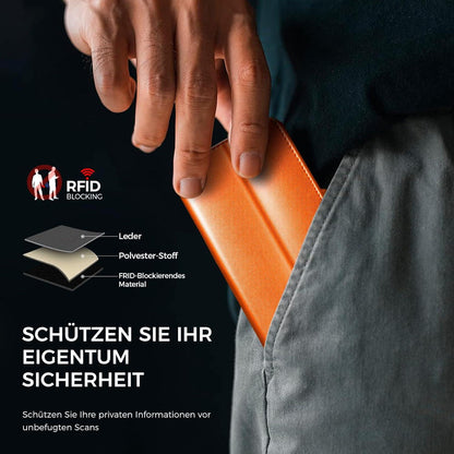 iPhone 14 Handyhülle mit Panzer Schutzglas, RFID Blocker, Kartenfächer, Standfunktion - Orange