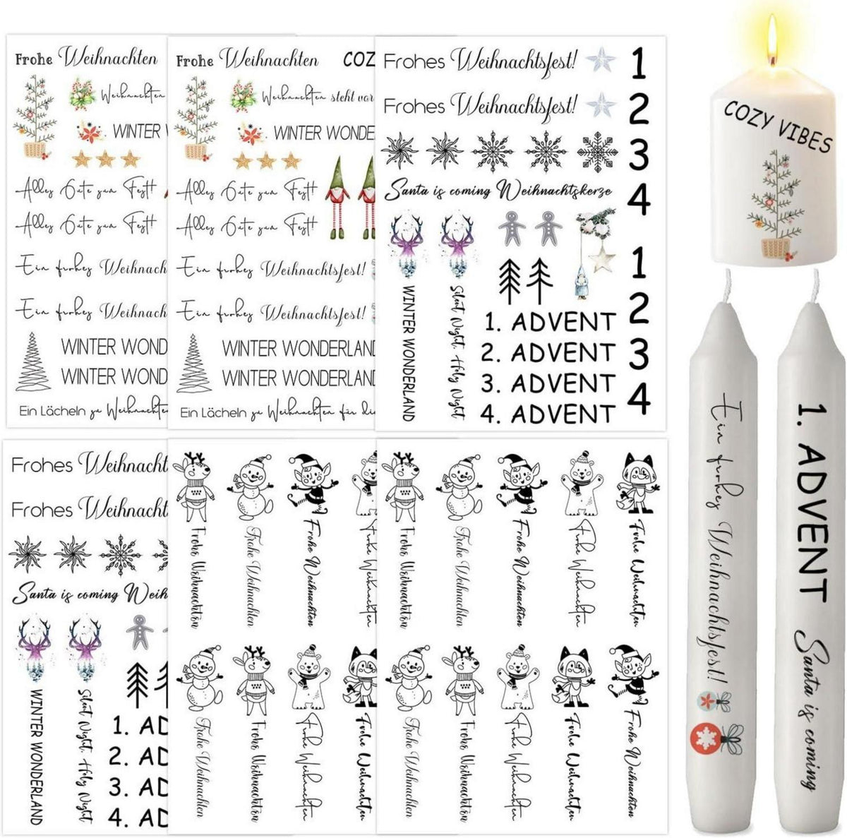 Kerzentattoos Weihnachten, Rub on Sticker A5, DIY Kerzenfolie