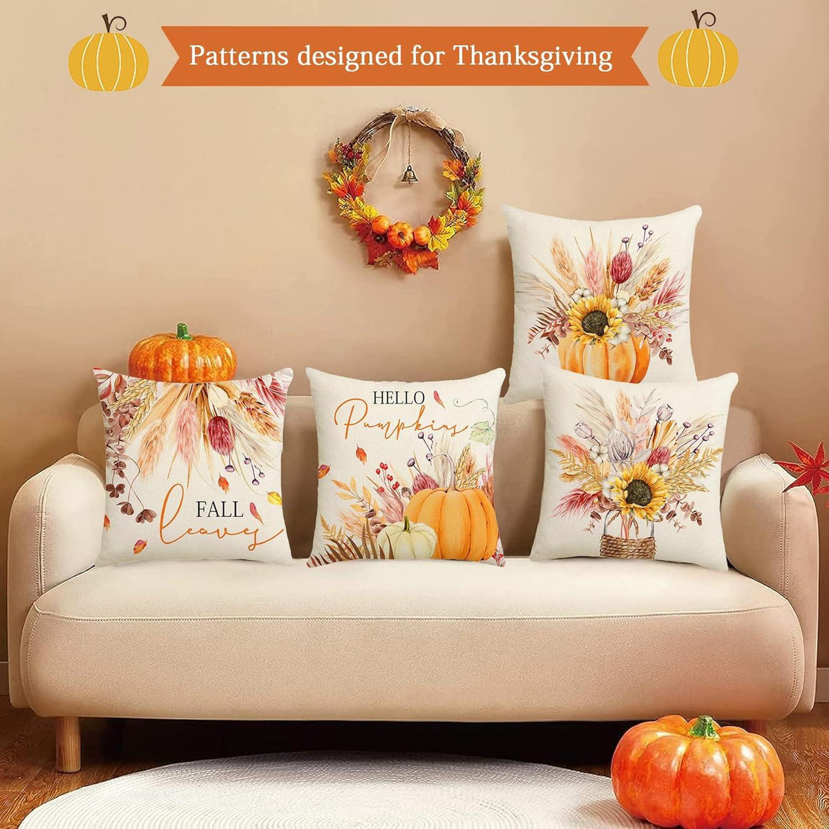 Herbst Kürbis Kissenbezug 45x45 cm 4er Set Thanksgiving Deko Sofa Couch Bett