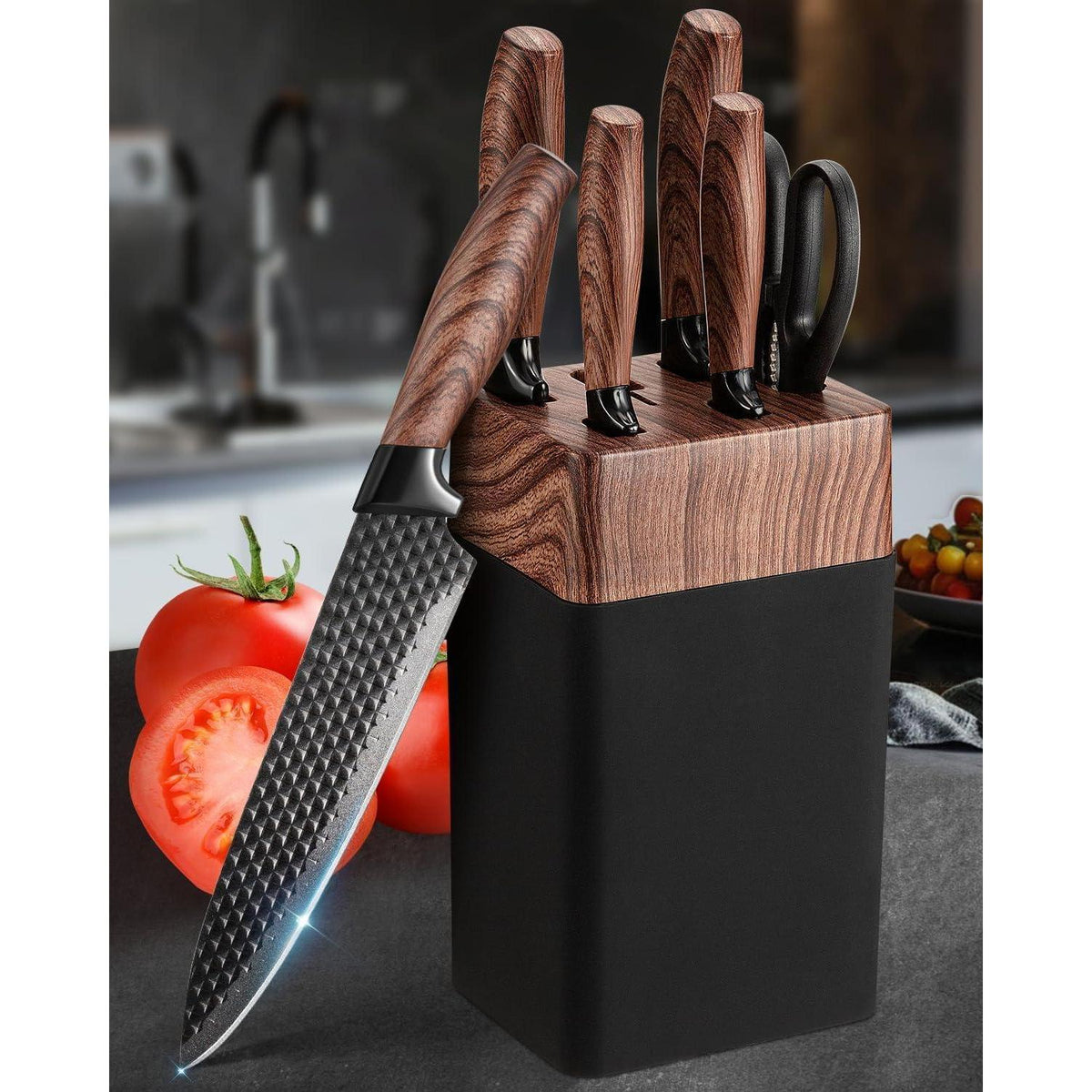 Messerblock Set 7-teilig aus Edelstahl mit Schärfer, Schwarz