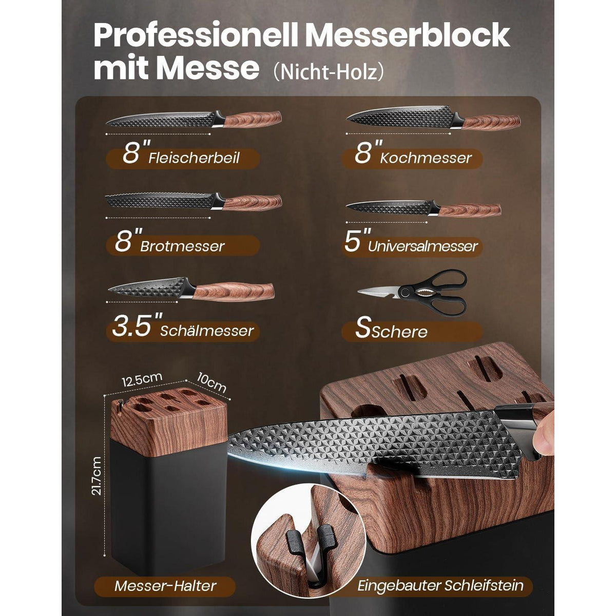Messerblock Set 7-teilig aus Edelstahl mit Schärfer, Schwarz