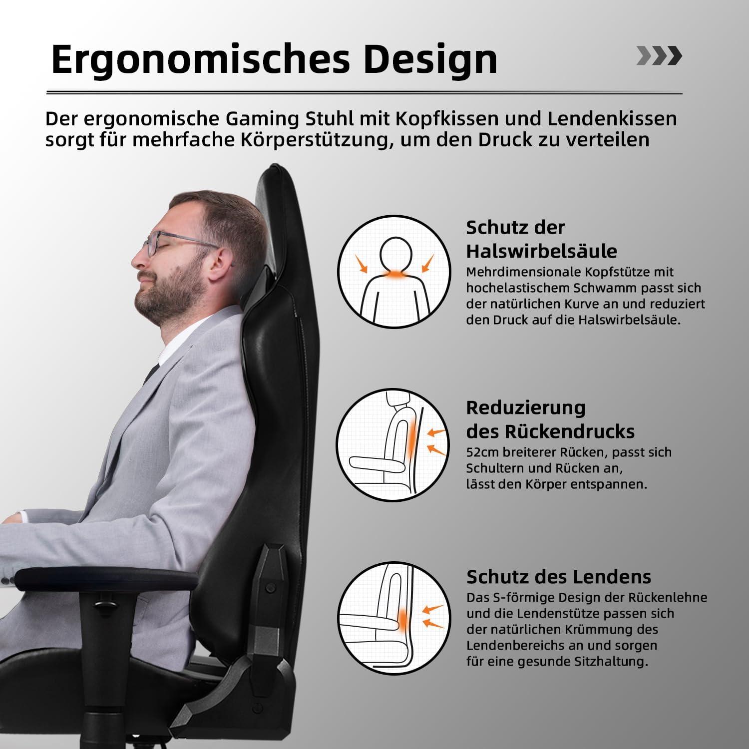 Gaming Stuhl Bürostuhl Wippfunktion 170° verstellbar Lendenkissen Armlehne