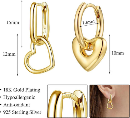 Sterling Silber 925 Ohrringe Herz Gold Damen, hypoallergen