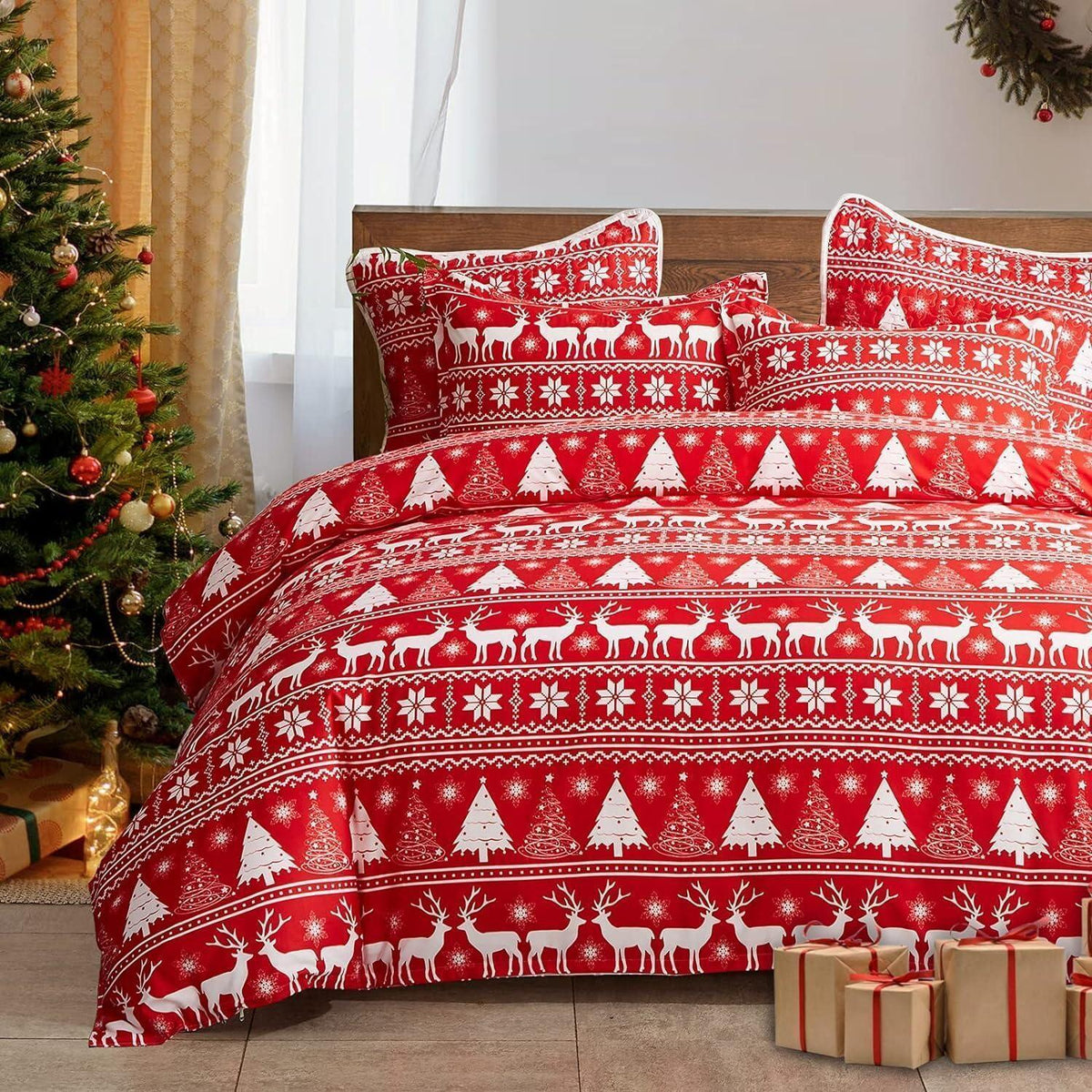 Weihnachts Bettwäsche Set 200x220 cm Rot Elch Motiv