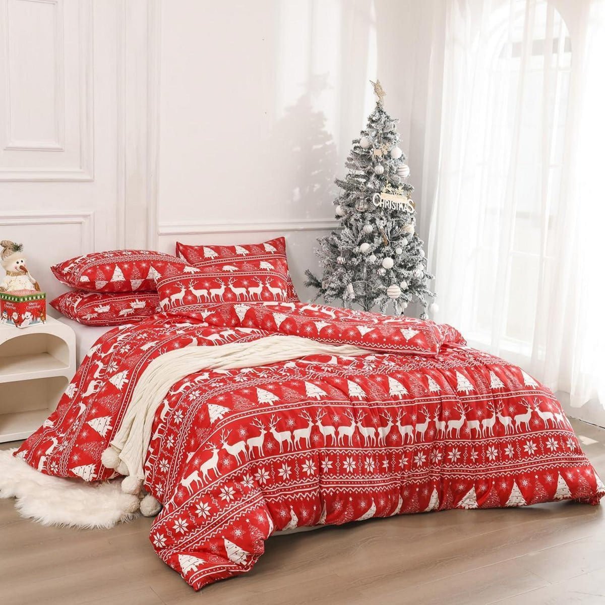 Weihnachts Bettwäsche Set 200x220 cm Rot Elch Motiv