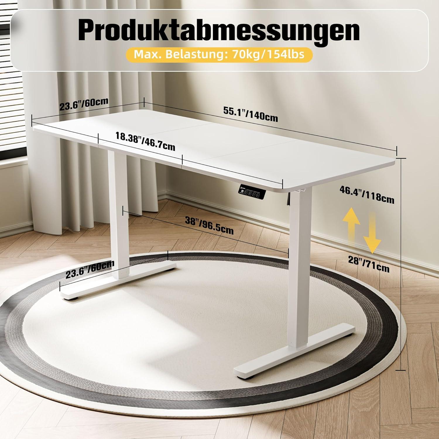 Elektrischer Höhenverstellbarer Schreibtisch 140x60cm Weißes Gestell