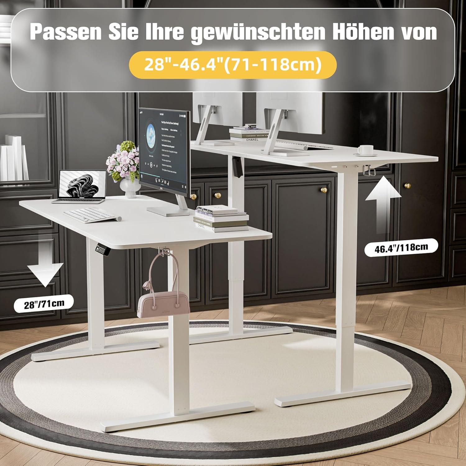 Elektrischer Höhenverstellbarer Schreibtisch 140x60cm Weißes Gestell Weiße Tischplatte