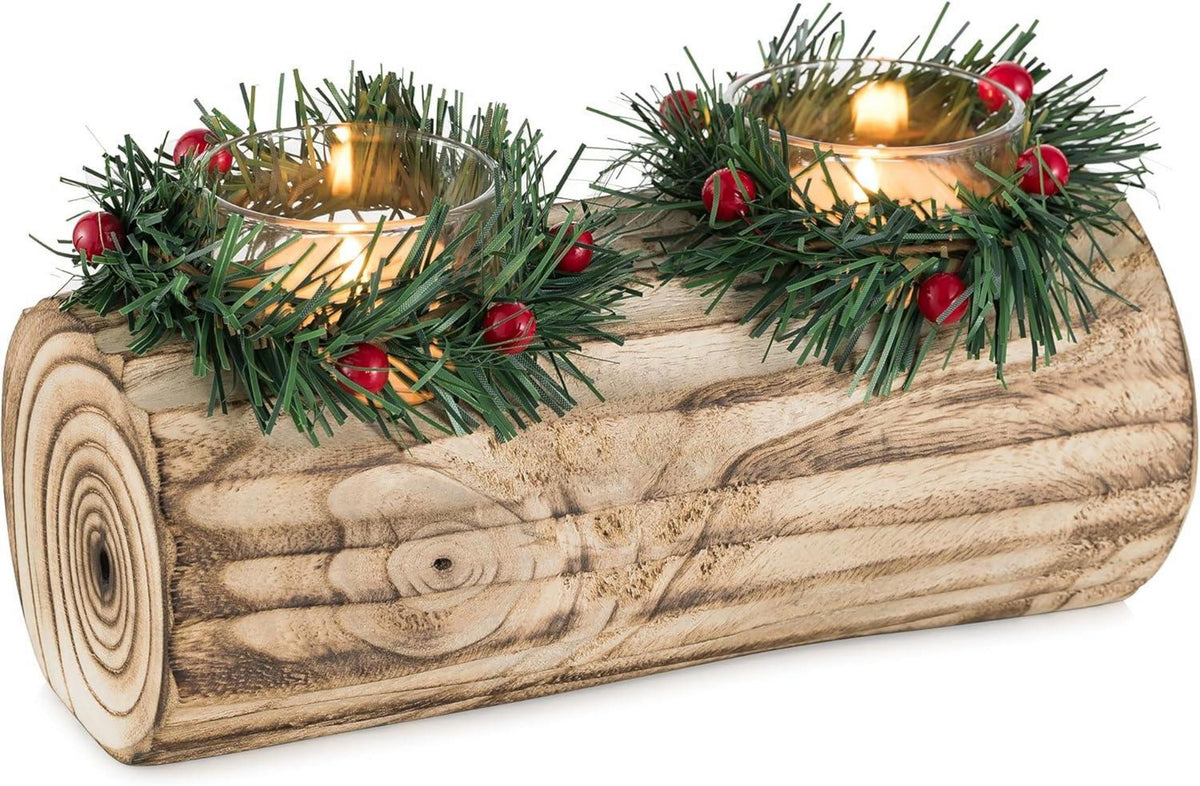 Teelichthalter Weihnachten Holz Yule Log Kerzenständer Tischdeko