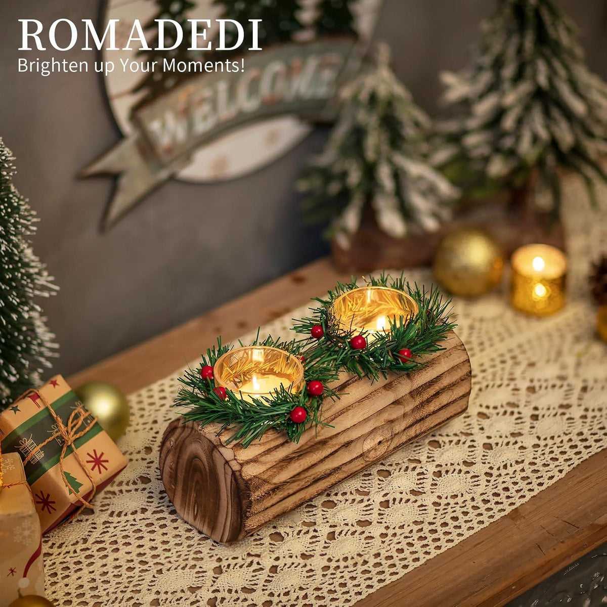 Teelichthalter Weihnachten Holz Yule Log Kerzenständer 23cm