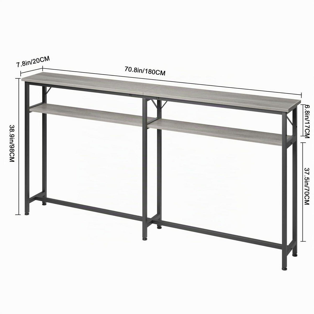 Konsolentisch schmal extra lang mit 2 Etagen und Stauraum, 180 cm, Grau